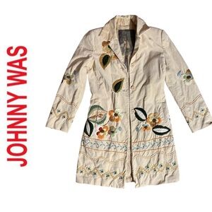 Biya Johnny Was Western Boho Floral Embroidered Long Cream Button Up Cotton Coat